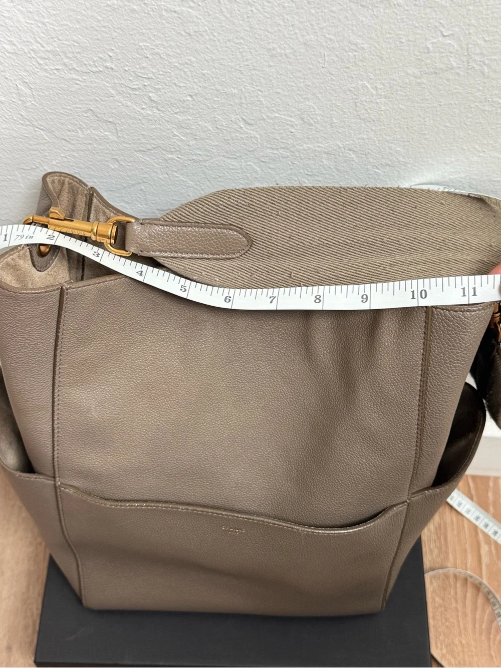 Authentic Celine Medium Sangle Bucket Bag in Grained Calfskin (Taupe)